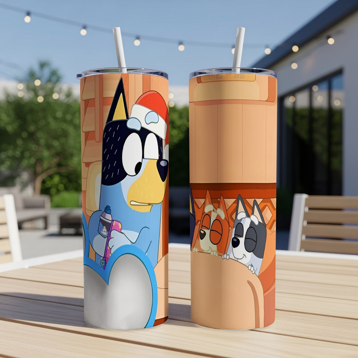 Bluey and Bingo cartoon characters on a double-walled stainless steel tumbler.