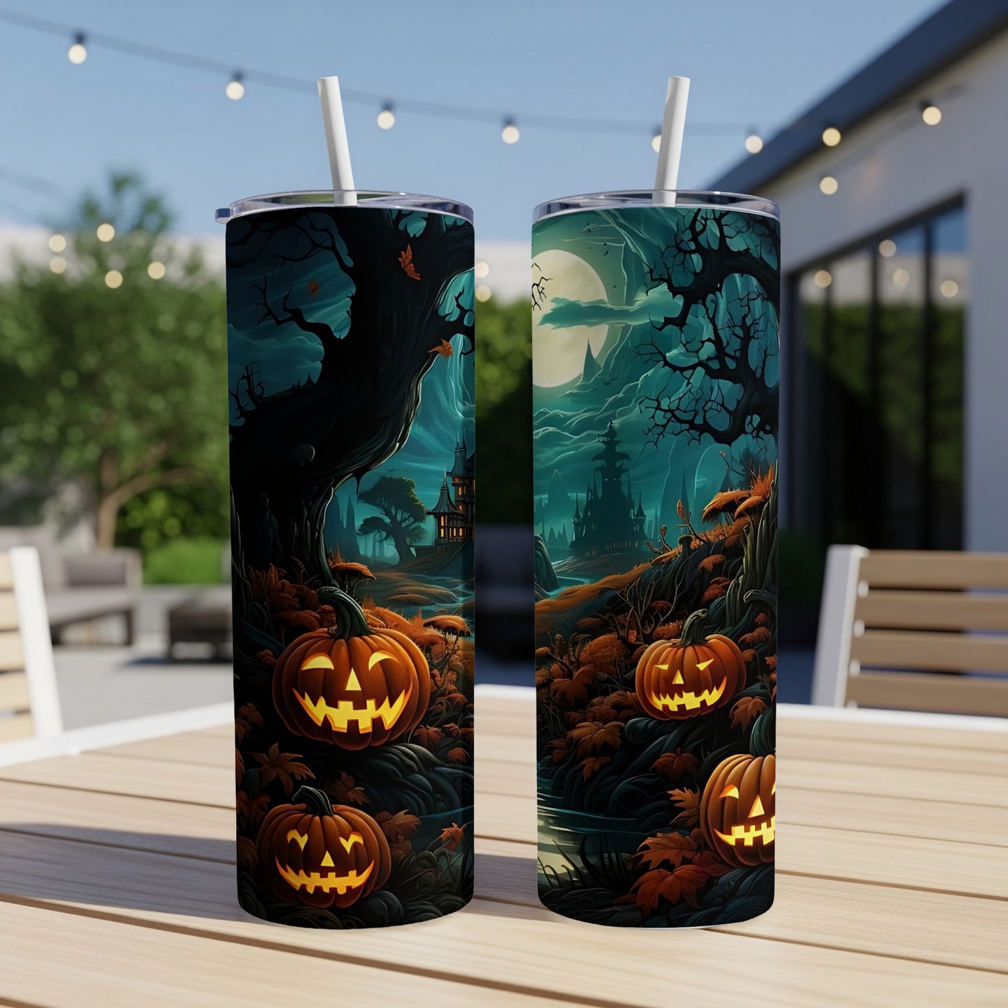 Two tumblers with a spooky Halloween design featuring jack-o'-lanterns and a haunted castle.
