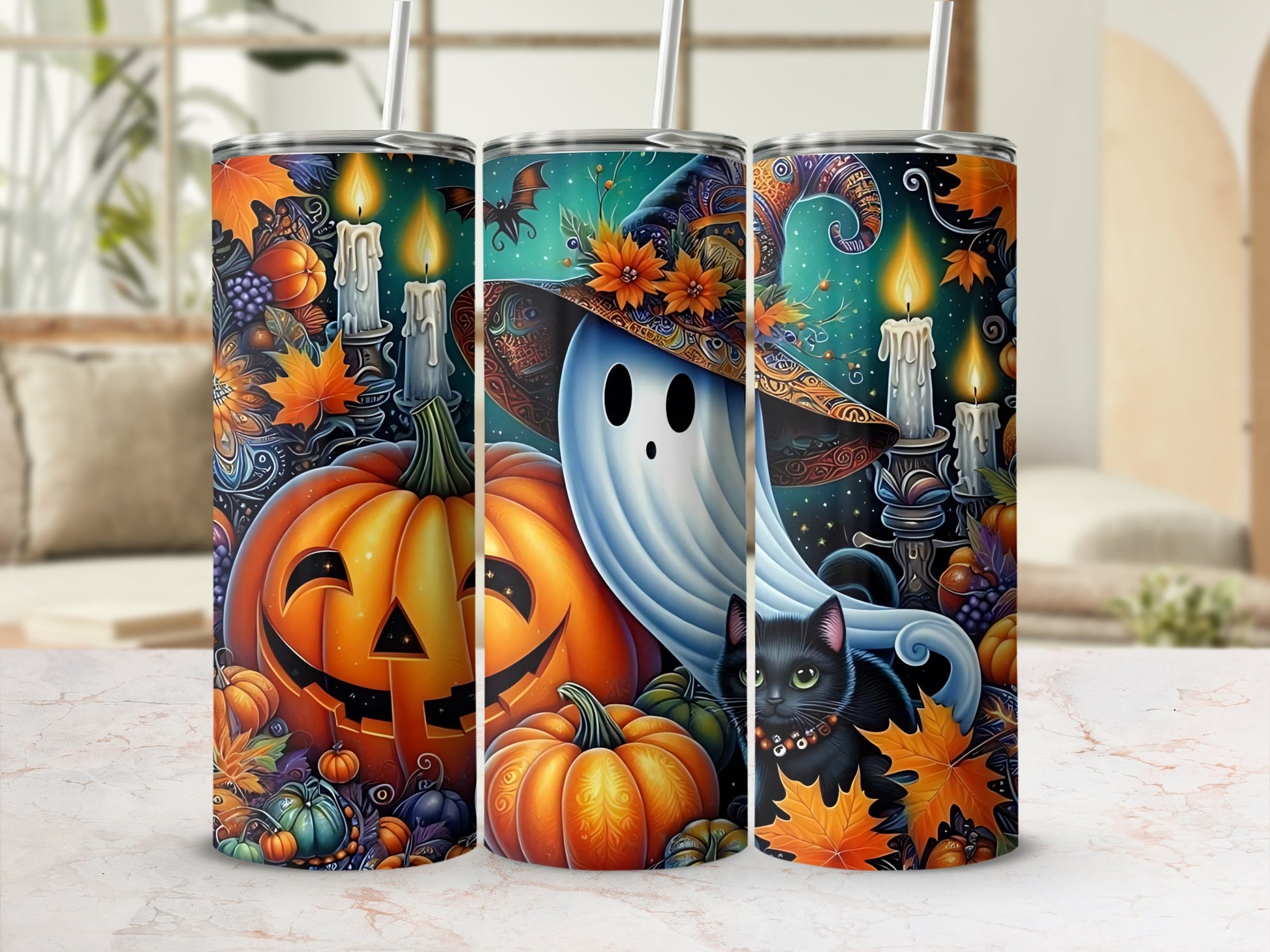 Halloween tumblers with pumpkins, ghost, black cat, candles, and bats.