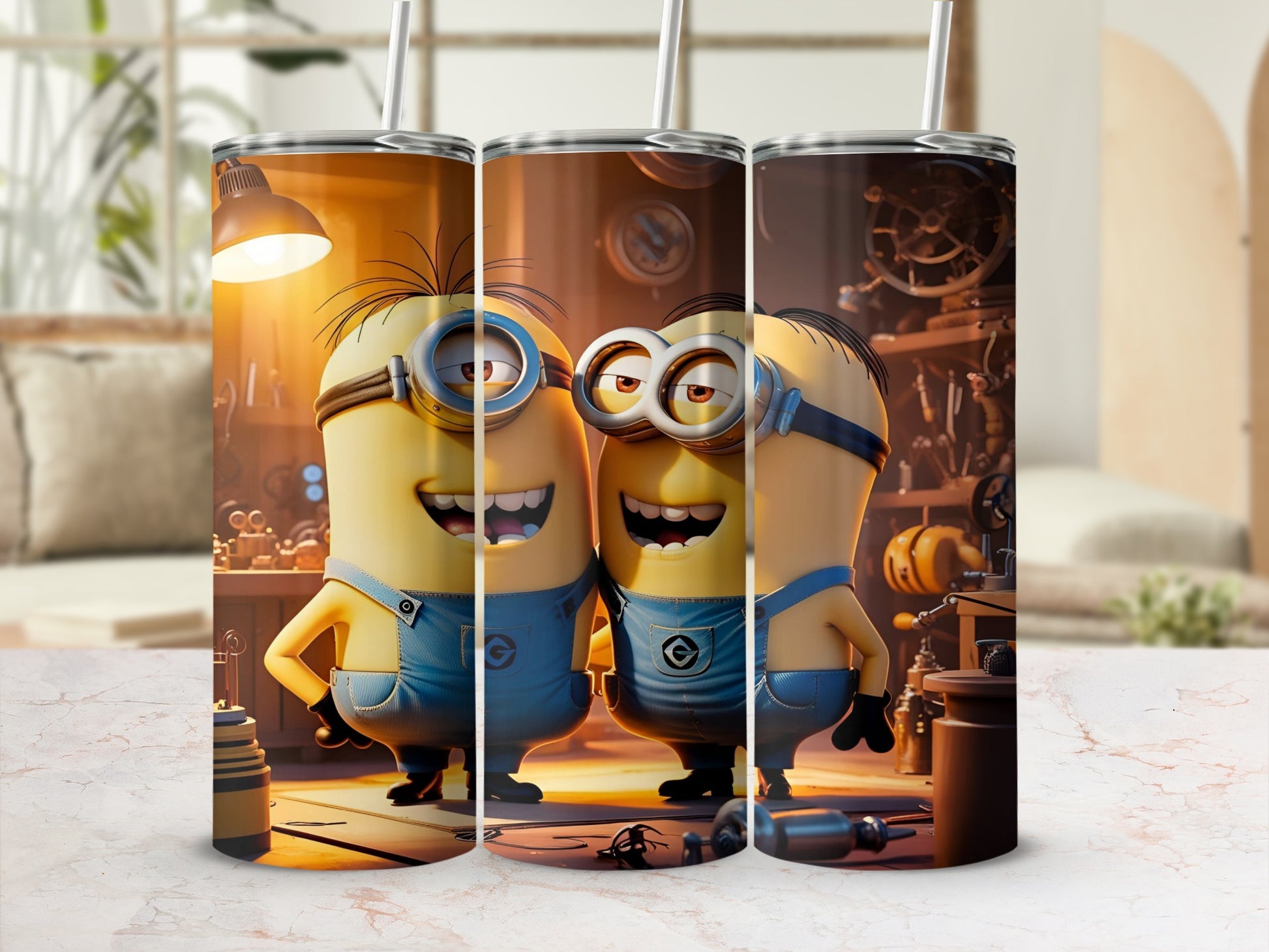 Two Minions in blue overalls smiling on a tumbler.