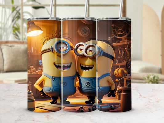 Two Minions in blue overalls smiling on a tumbler.