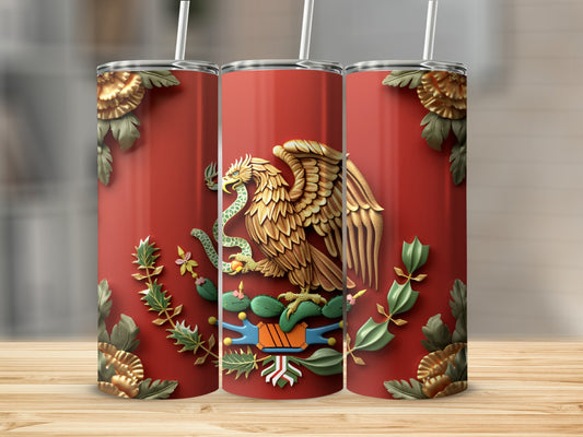 Tall red tumbler with Mexican coat of arms and ornate gold leaves.