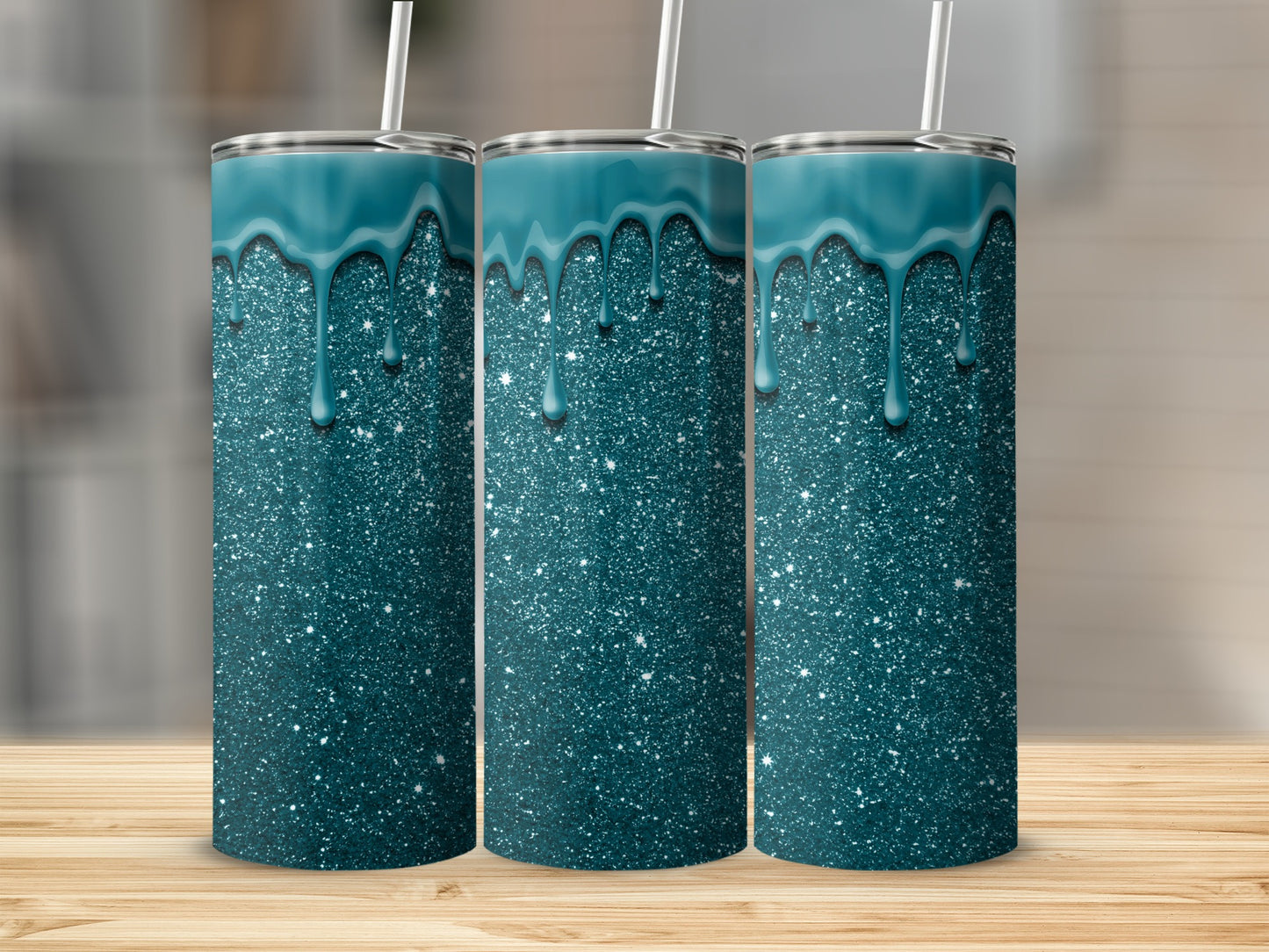 Sparkling Blue Glitter Ombre Tumbler Design with Straw