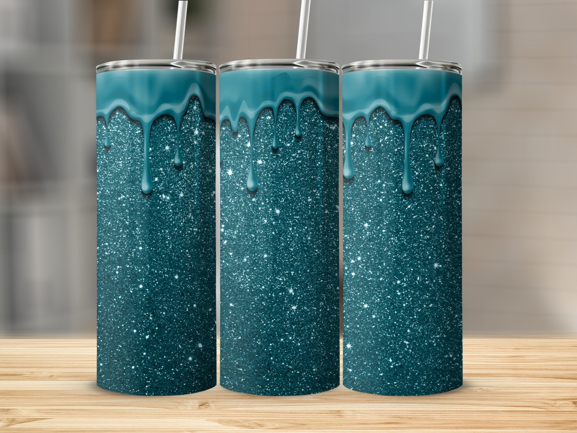 Sparkling Blue Glitter Ombre Tumbler Design with Straw