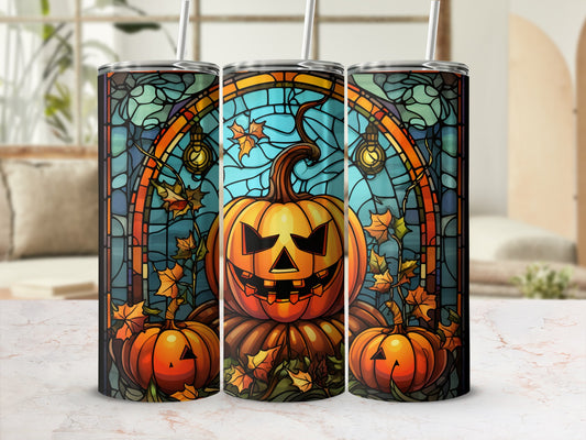 Three tumblers with a Halloween stained-glass pumpkin and autumn leaf design.
