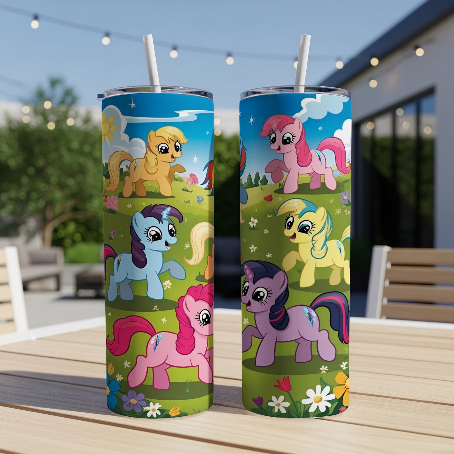 My Little Pony characters on colorful tumblers in an outdoor setting.