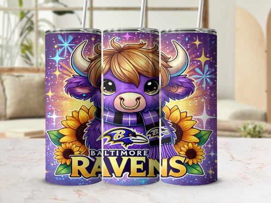Purple cow with sunflowers, Baltimore Ravens logo, and sparkly accents on a tumbler.