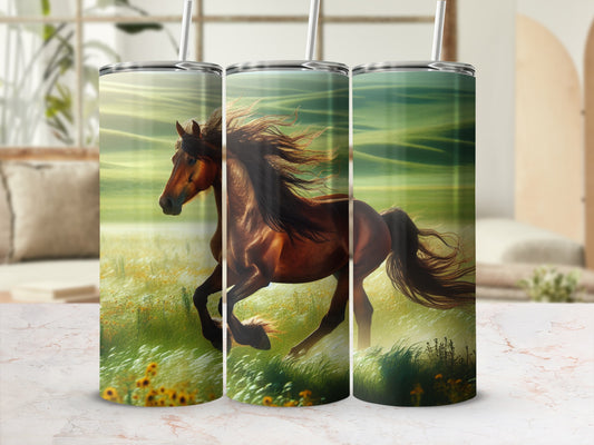 Tumbler with a running horse in a grassy field.