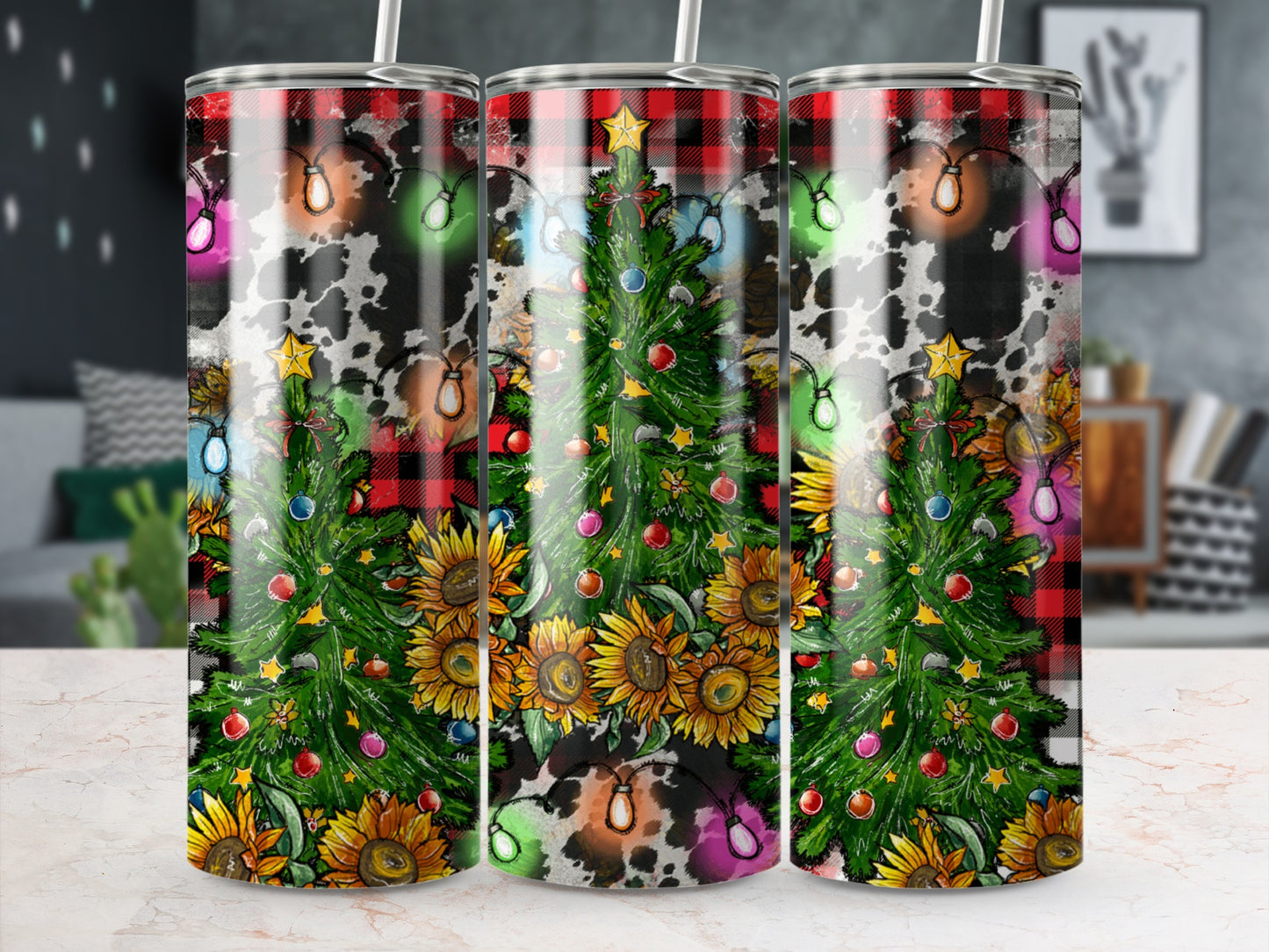 Christmas tree with sunflowers, plaid, cow print, and string lights.