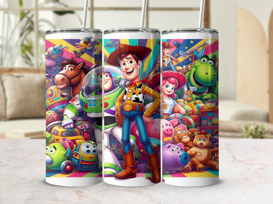 Toy Story characters Woody, Buzz Lightyear, and Jessie on a colorful patterned tumbler.