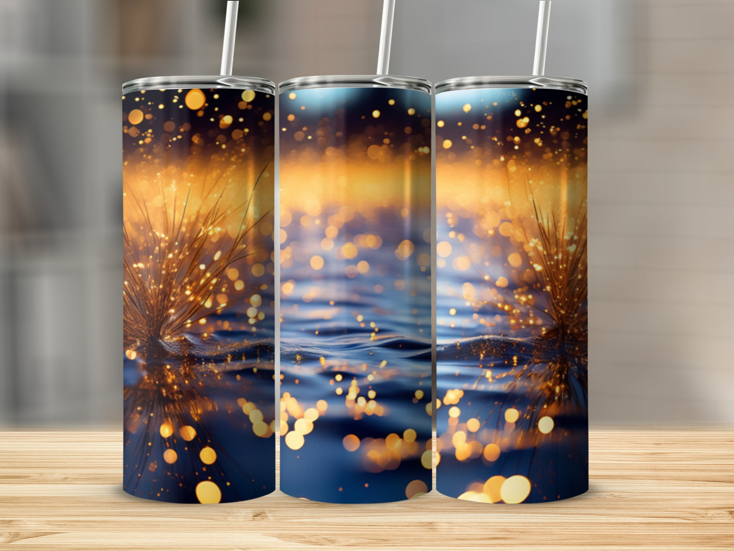 Three tumblers with a bokeh glitter and water reflection design.