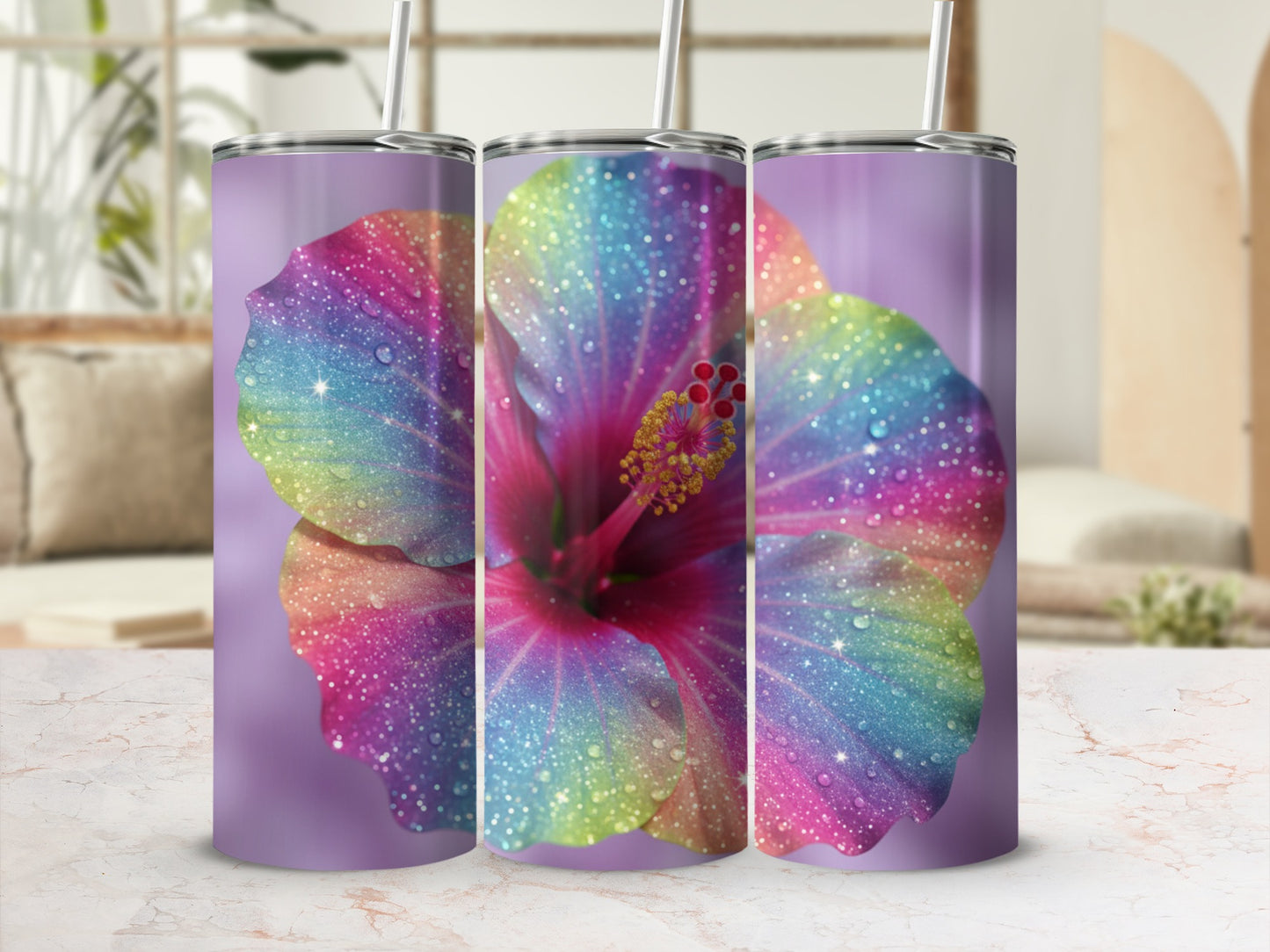 Colorful Glitter Rainbow Flower Tumbler Cup