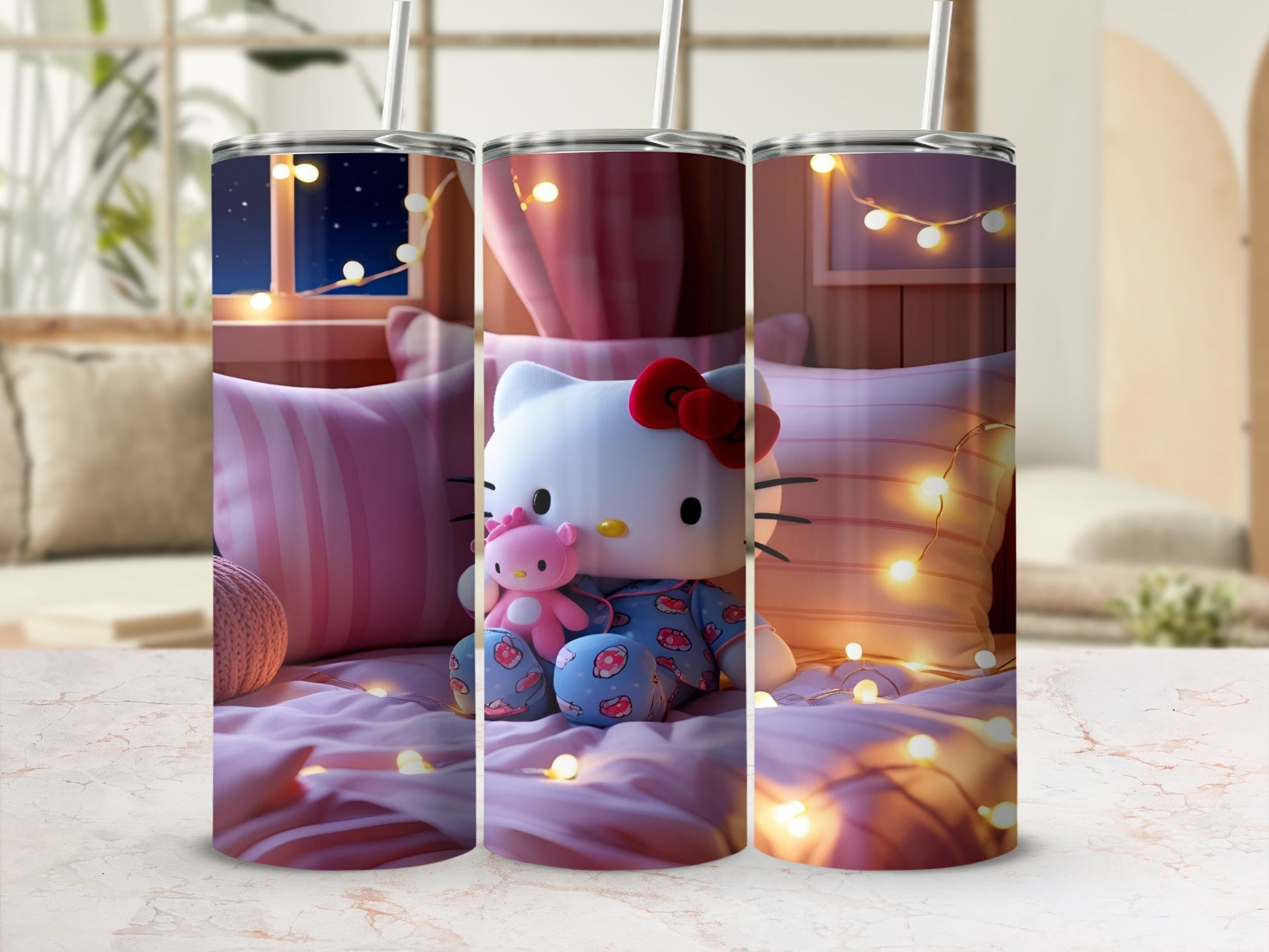 Hello Kitty plush toy in pajamas surrounded by fairy lights and pillows.