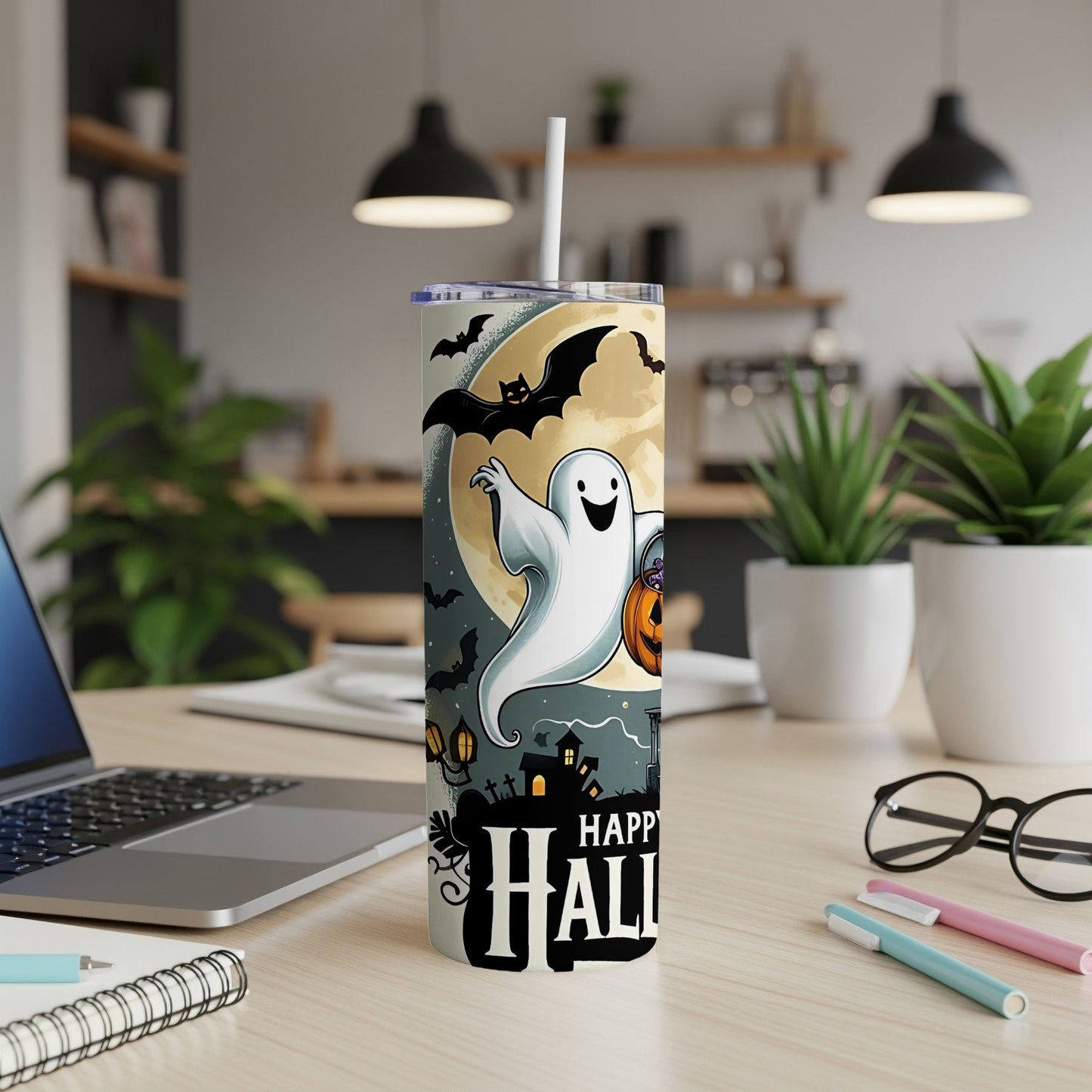 Tumbler with ghost, bats, moon, and "Happy Halloween" text.
