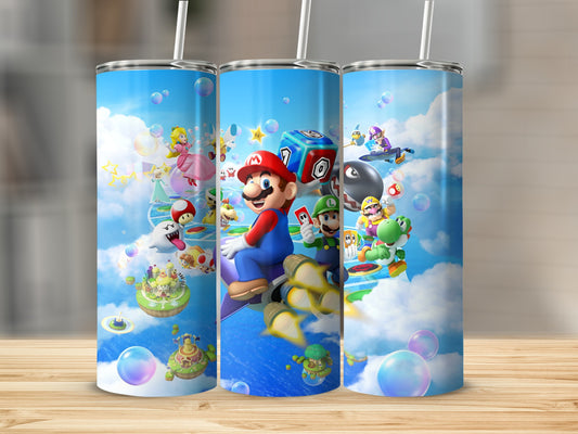Mario Kart characters on a blue sky background with clouds and bubbles.
