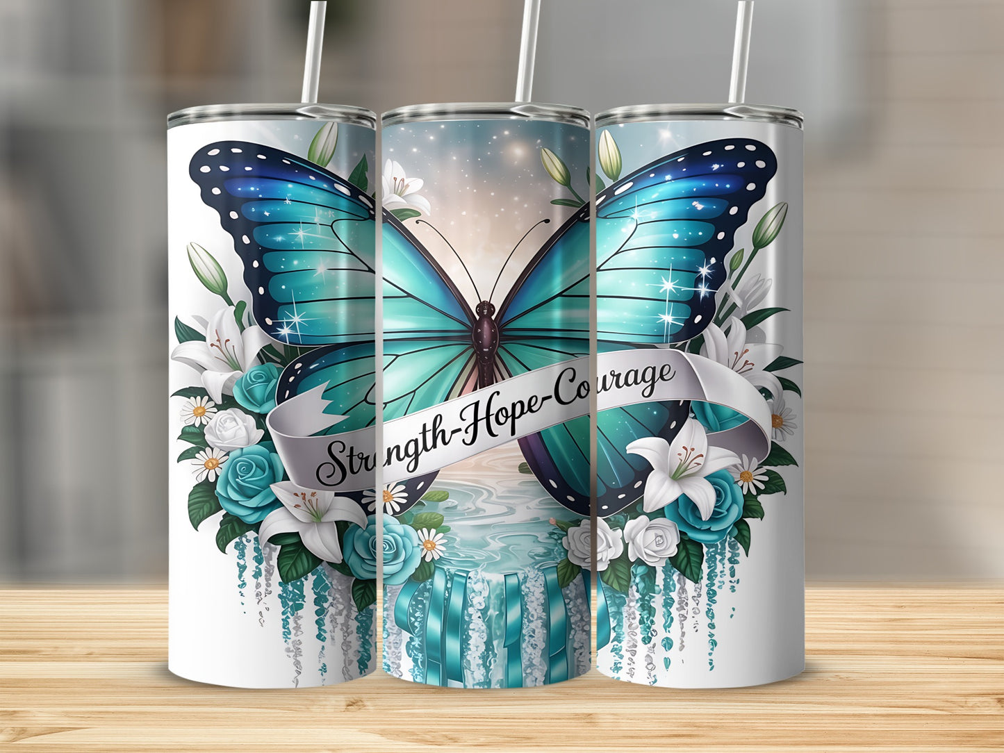 Strength Hope Courage Butterfly Floral Tumbler