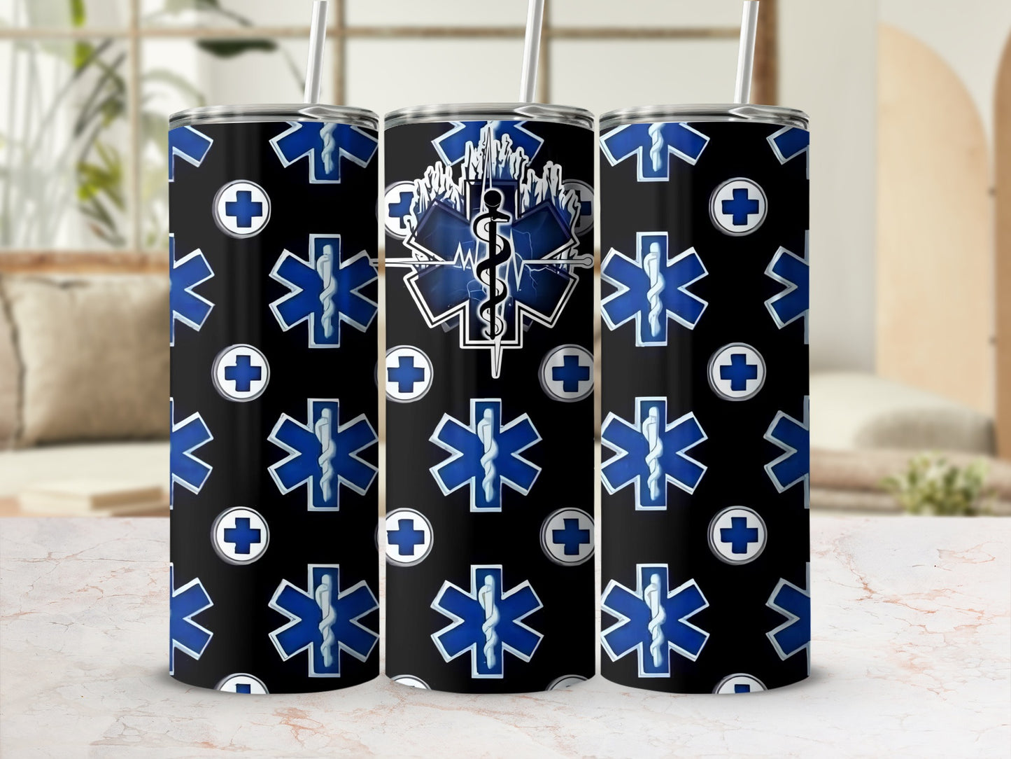 Blue and Black Medical Themed Travel Tumbler Cup