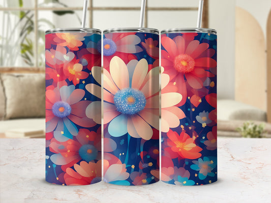 Three tumblers with vibrant floral designs featuring large, stylized flowers.