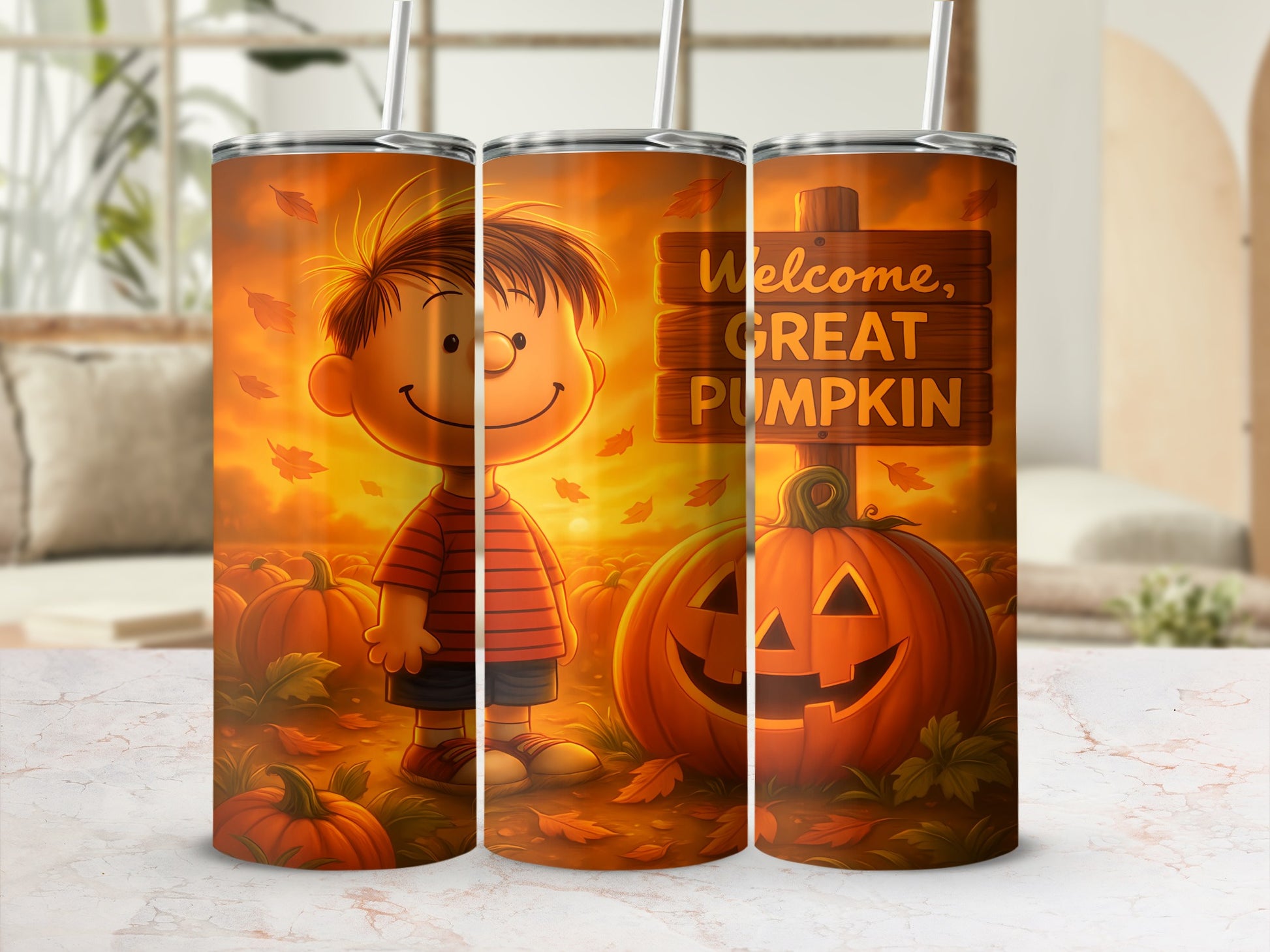 Linus stands by a pumpkin patch with a sign reading "Welcome, Great Pumpkin."