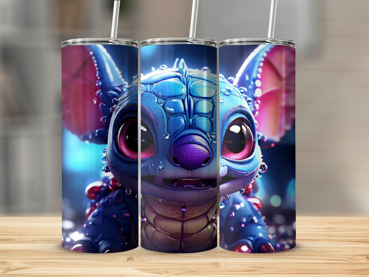 Blue cartoon character with large eyes and pink wings on a tumbler.