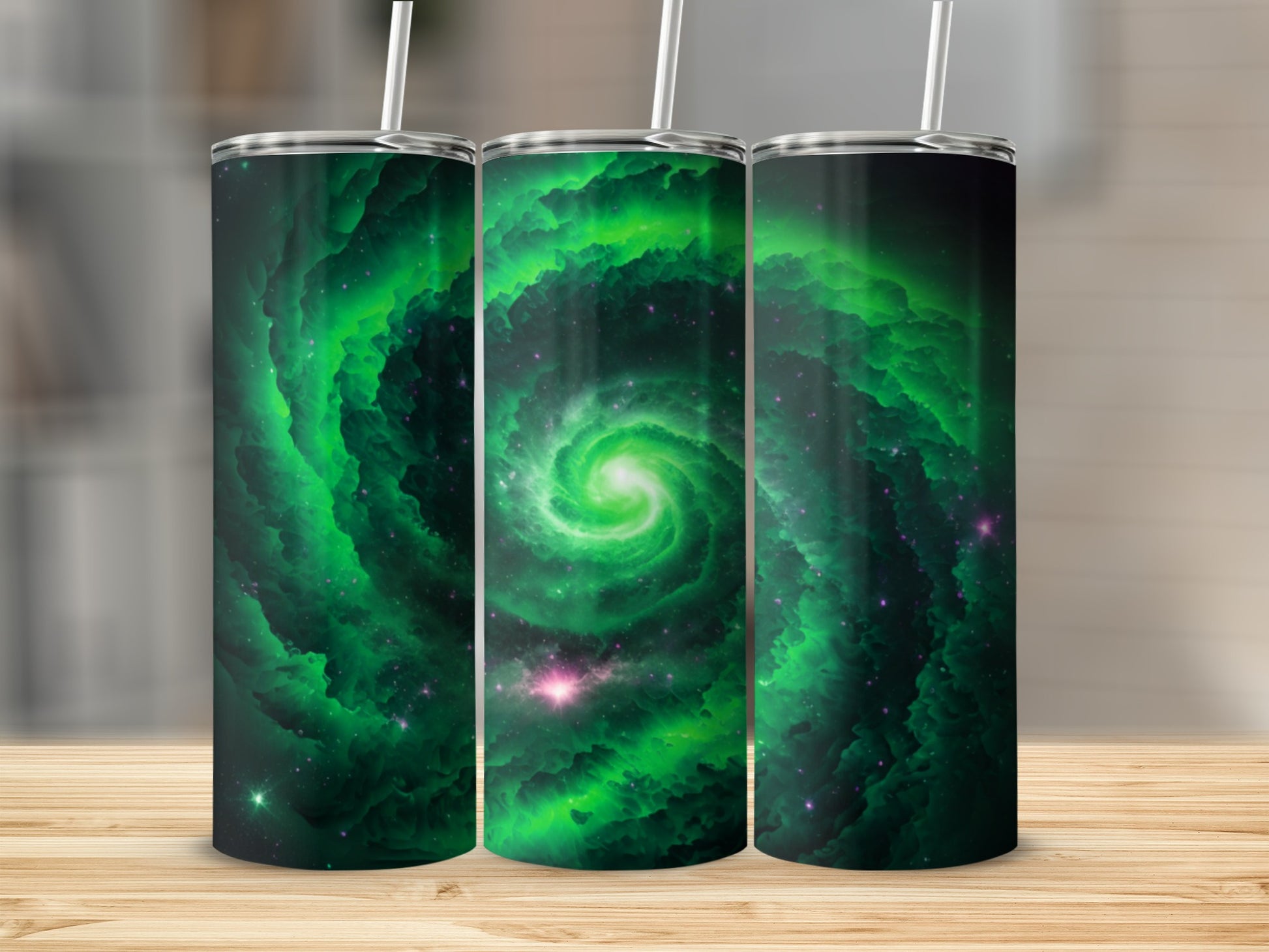 Mesmerizing Green Spiral Galaxy Design Tumbler Cup