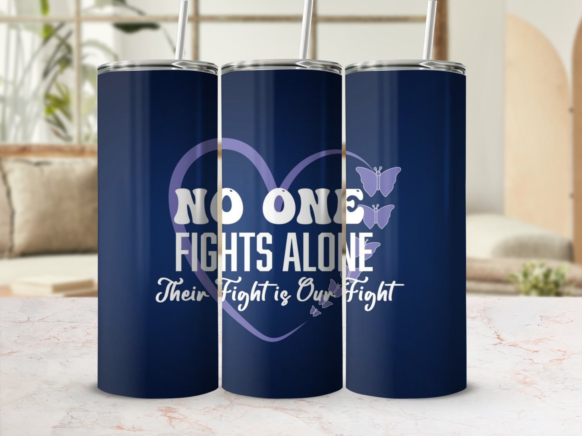 No One Fights Alone Heart Butterfly Design Tumbler