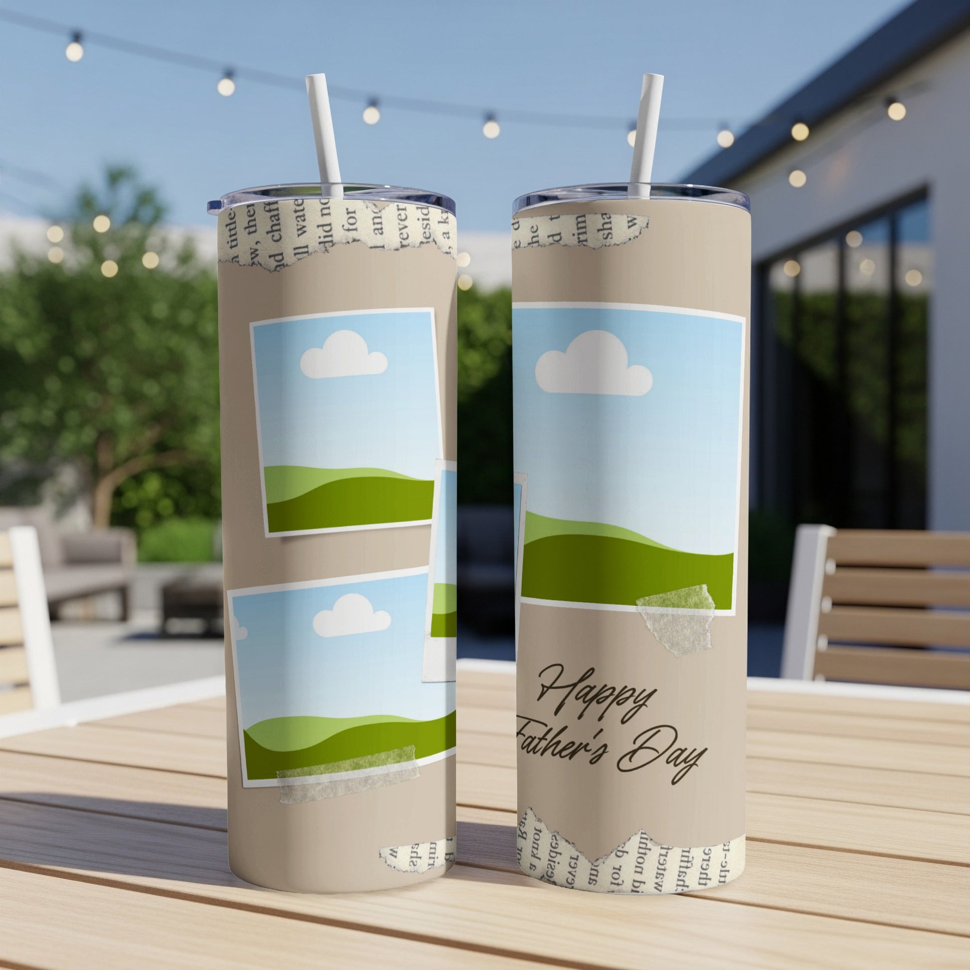Two tumblers with ripped paper, photos, and "Happy Father's Day" text.