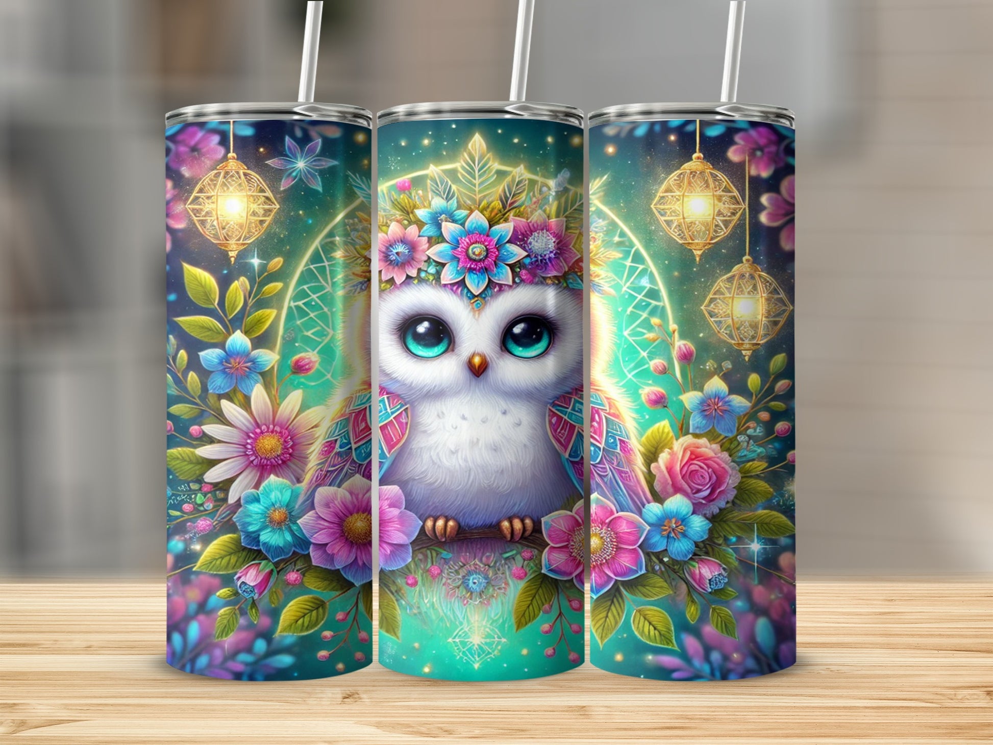 Adorable Owl Floral Art with Hanging Lanterns tumbler