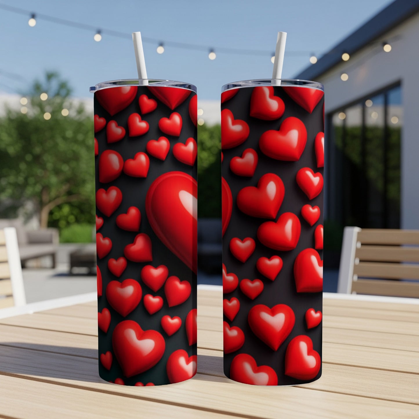 Two tumblers covered in red hearts stand on a table outdoors.