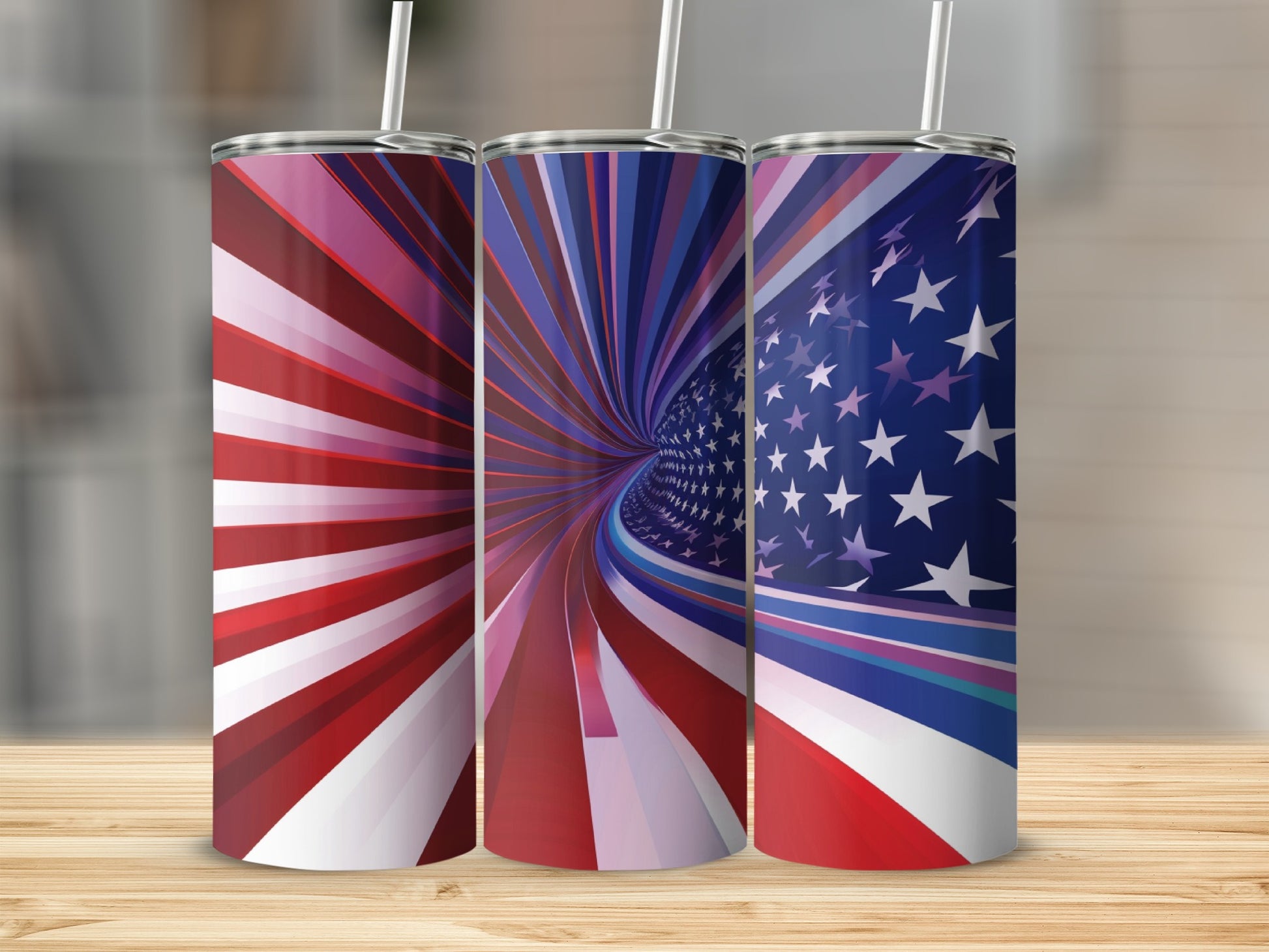 Three tumblers with patriotic designs including stripes and stars.