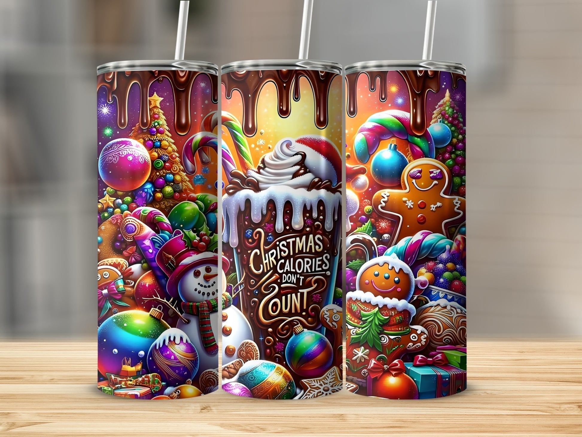Festive Christmas Themed Holiday Tumbler with Straw