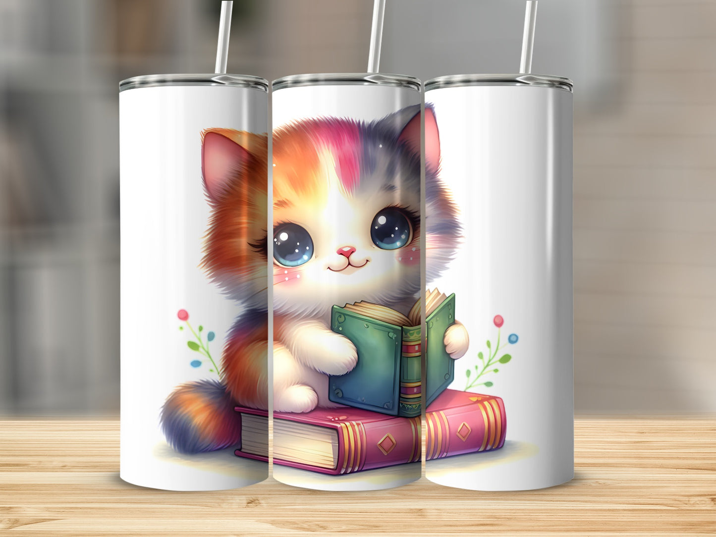 Cute cartoon cat with colorful fur reading a book on a stack of books.