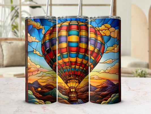 Three insulated tumblers featuring a hot air balloon in a stained glass style.