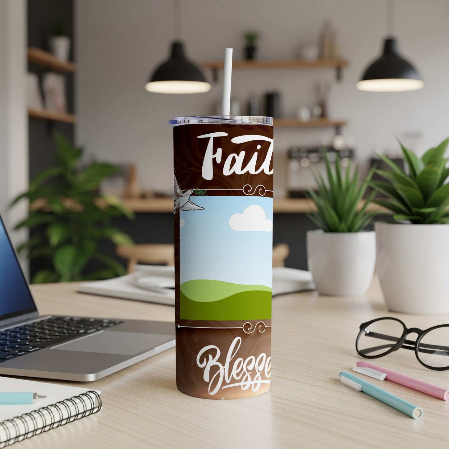 Tumbler with "Faith" and "Blessed" text and a dove flying over a landscape.