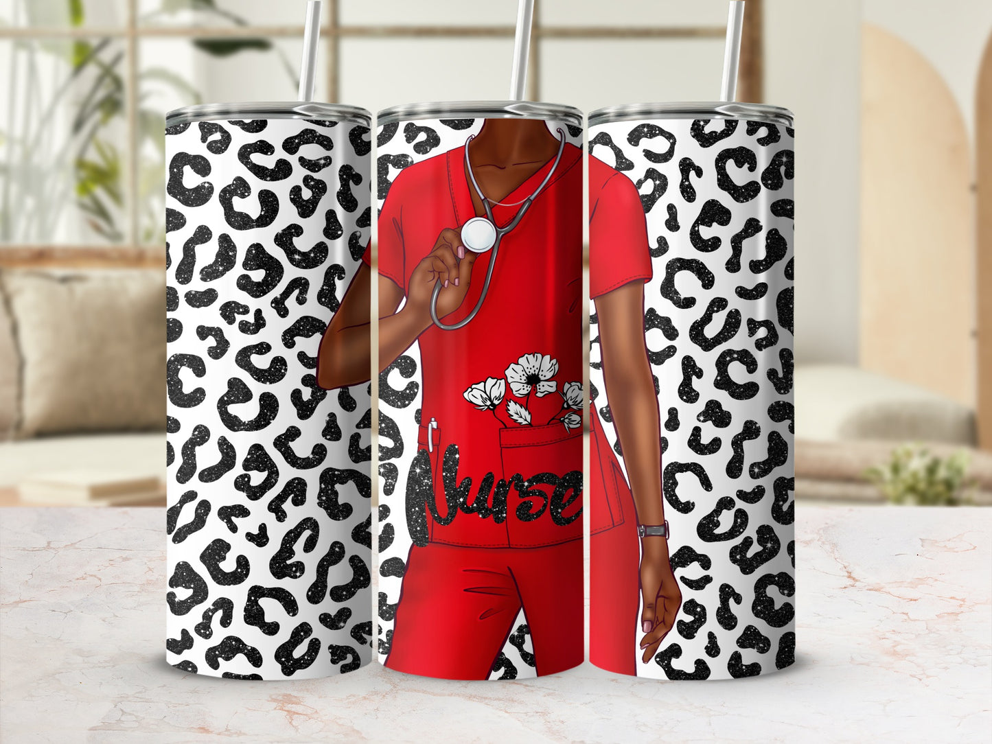 Red scrub nurse with stethoscope and leopard print tumbler.