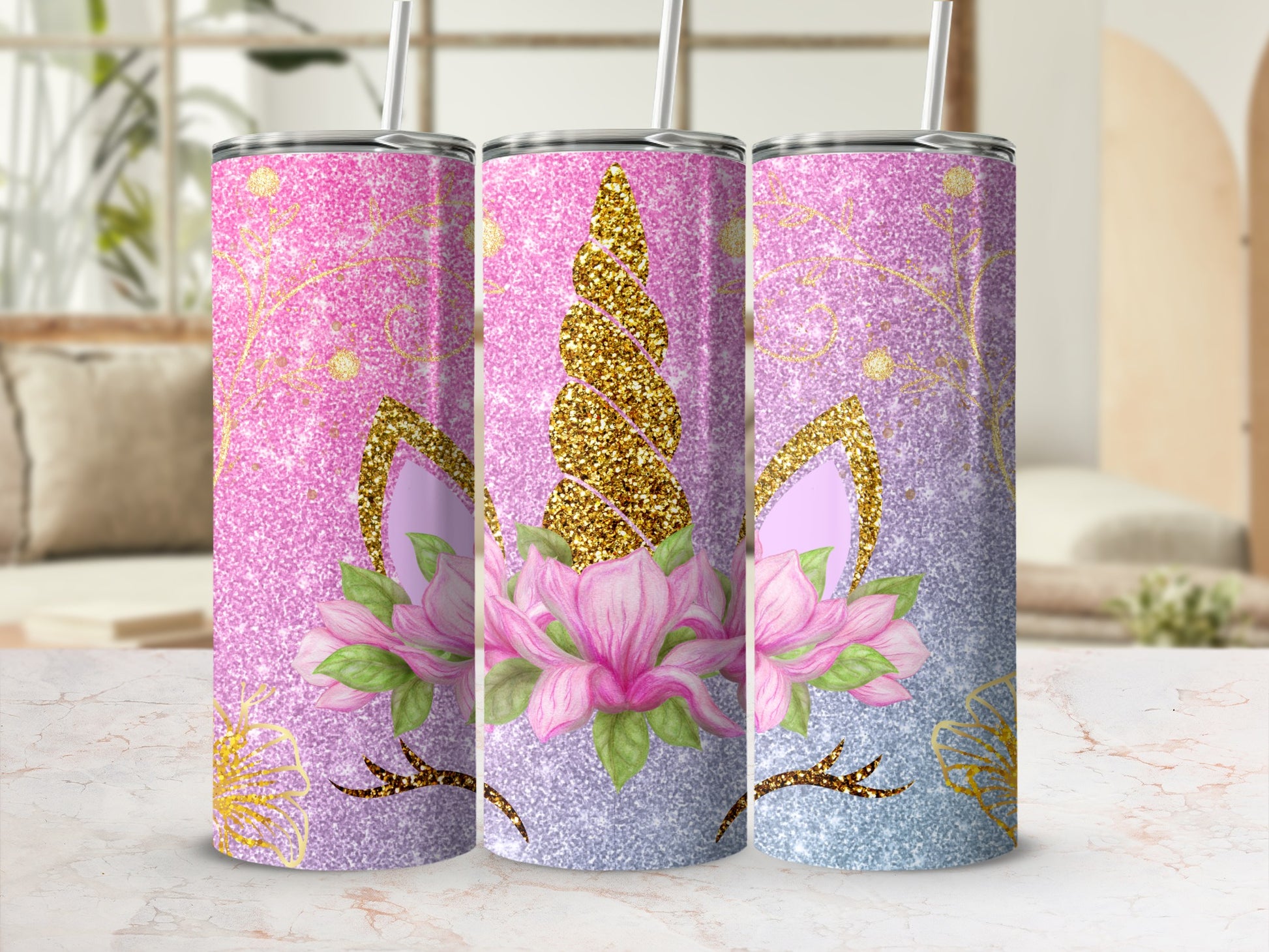 Glitter Unicorn and Floral Design Tumbler Cup