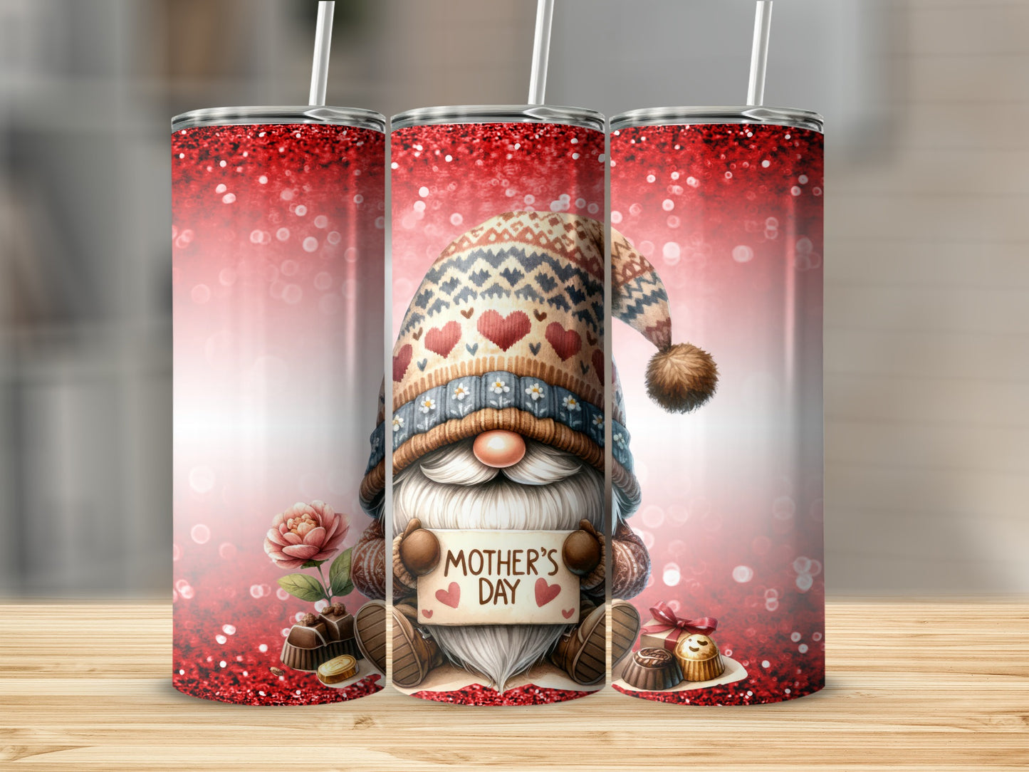 Mother's Day Gnome Tumbler with Hearts and Chocolates
