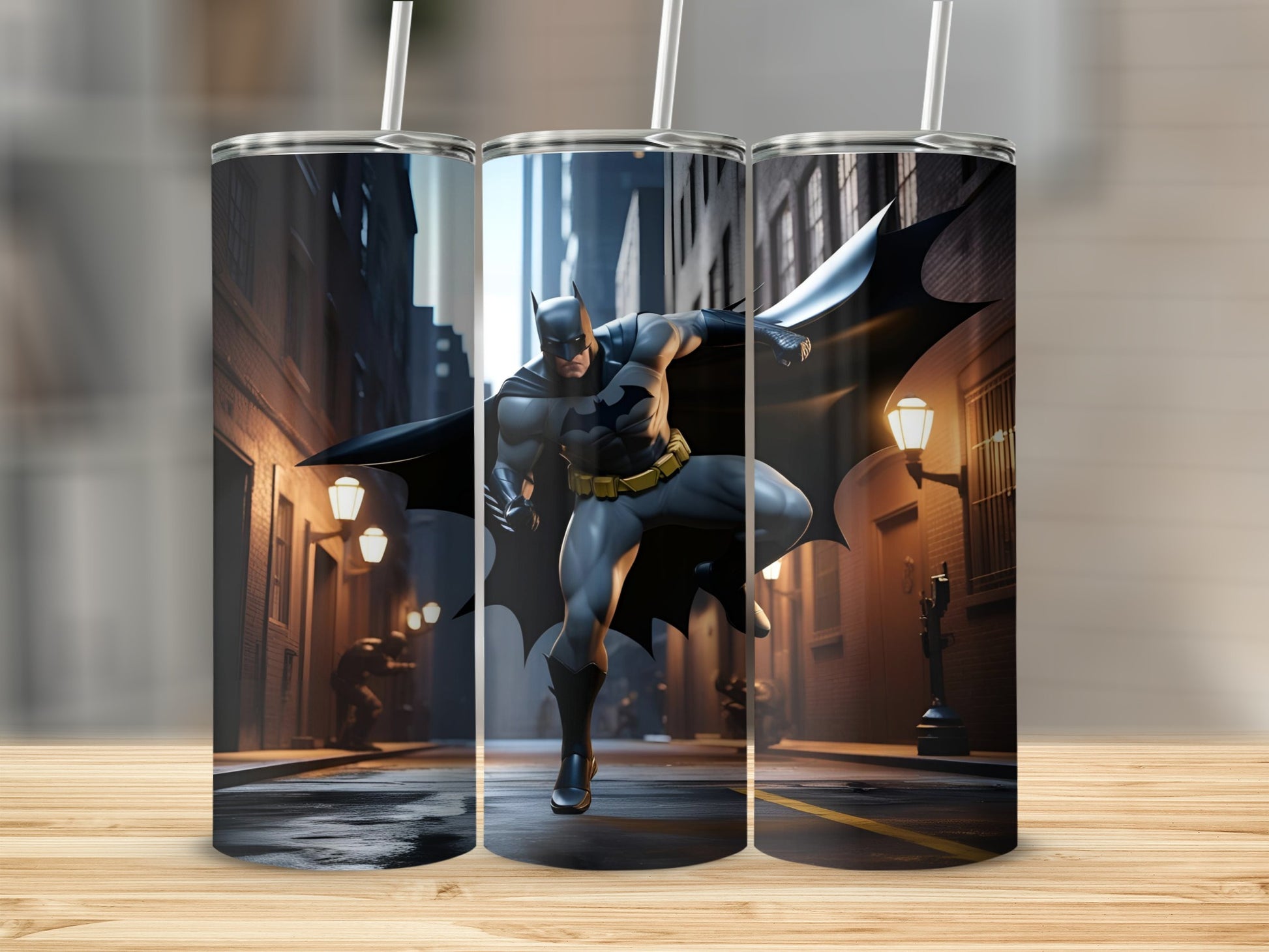 Batman in action on a city street at night.