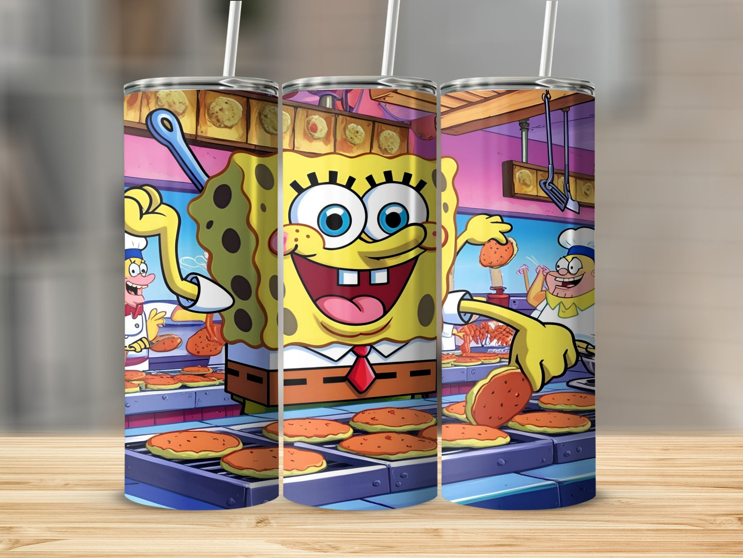 Spongebob Squarepants cooking Krabby Patties with Chef Mr. Krabs and Squidward.