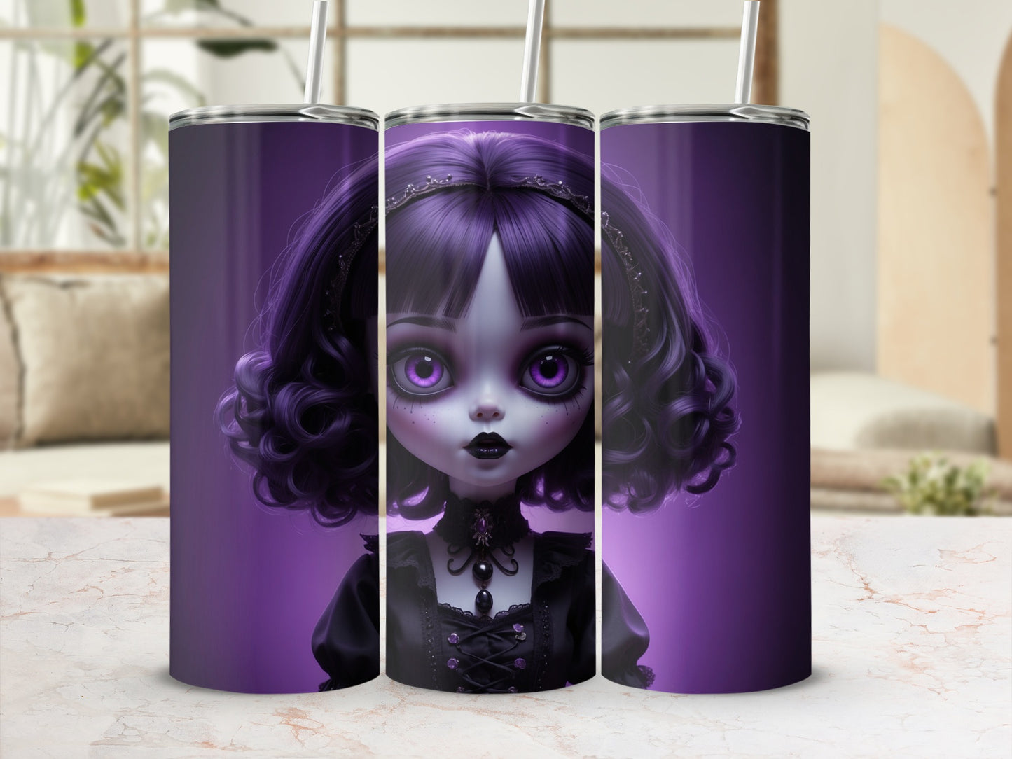 Gothic doll tumbler with large purple eyes and curly hair.