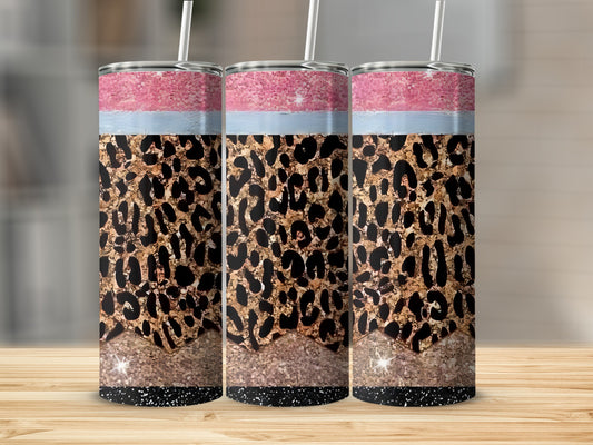 Three tumblers with leopard print, pink, and blue glitter patterns.