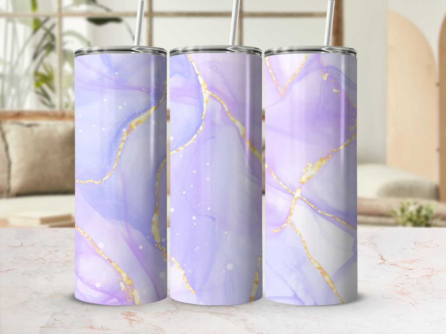 Three tumblers with a marble and gold abstract purple and white design.