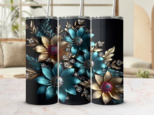 Three black tumblers with metallic teal and gold floral designs.