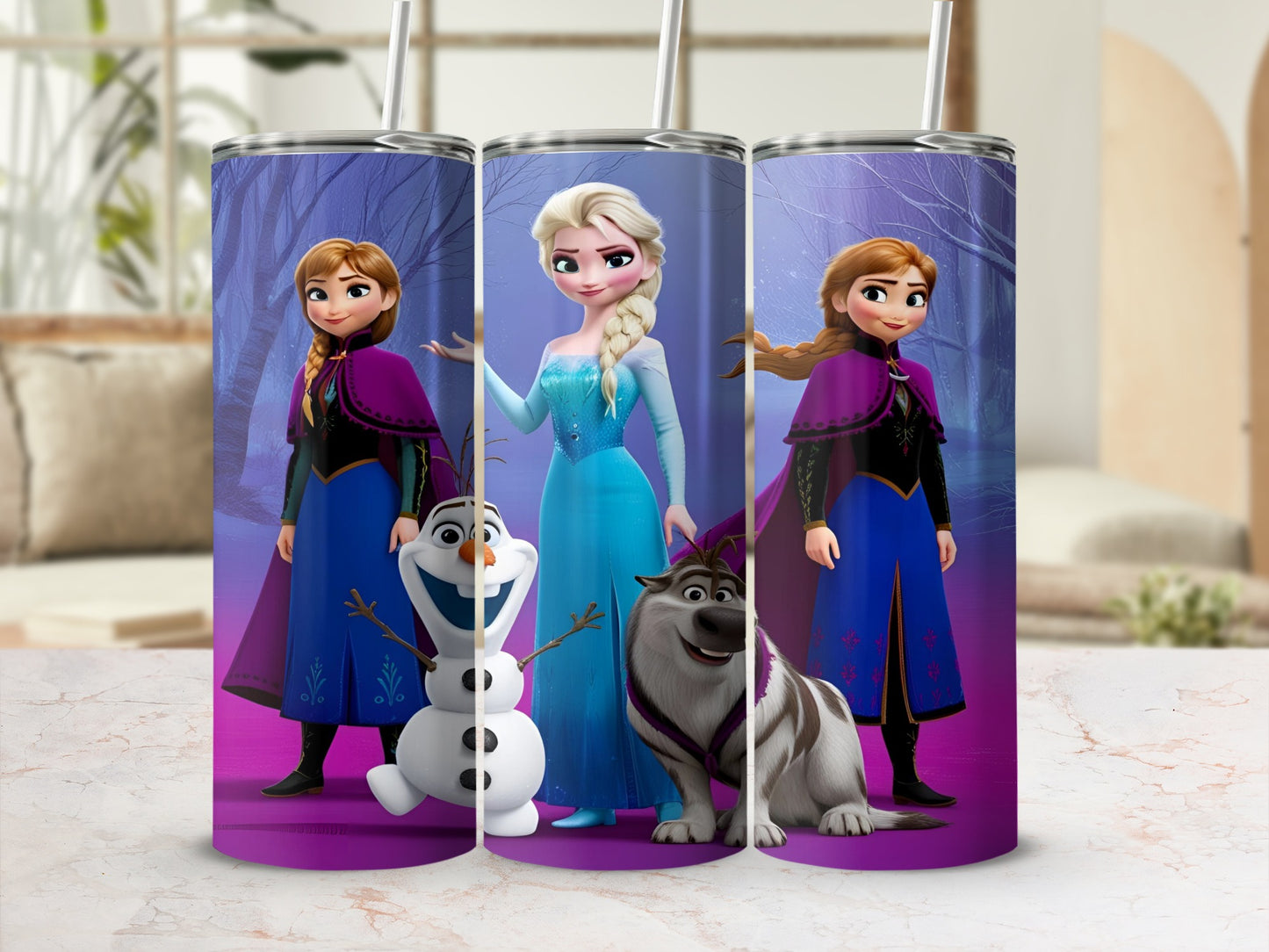 Frozen characters Elsa, Anna, Olaf, and Sven on a purple tumbler.