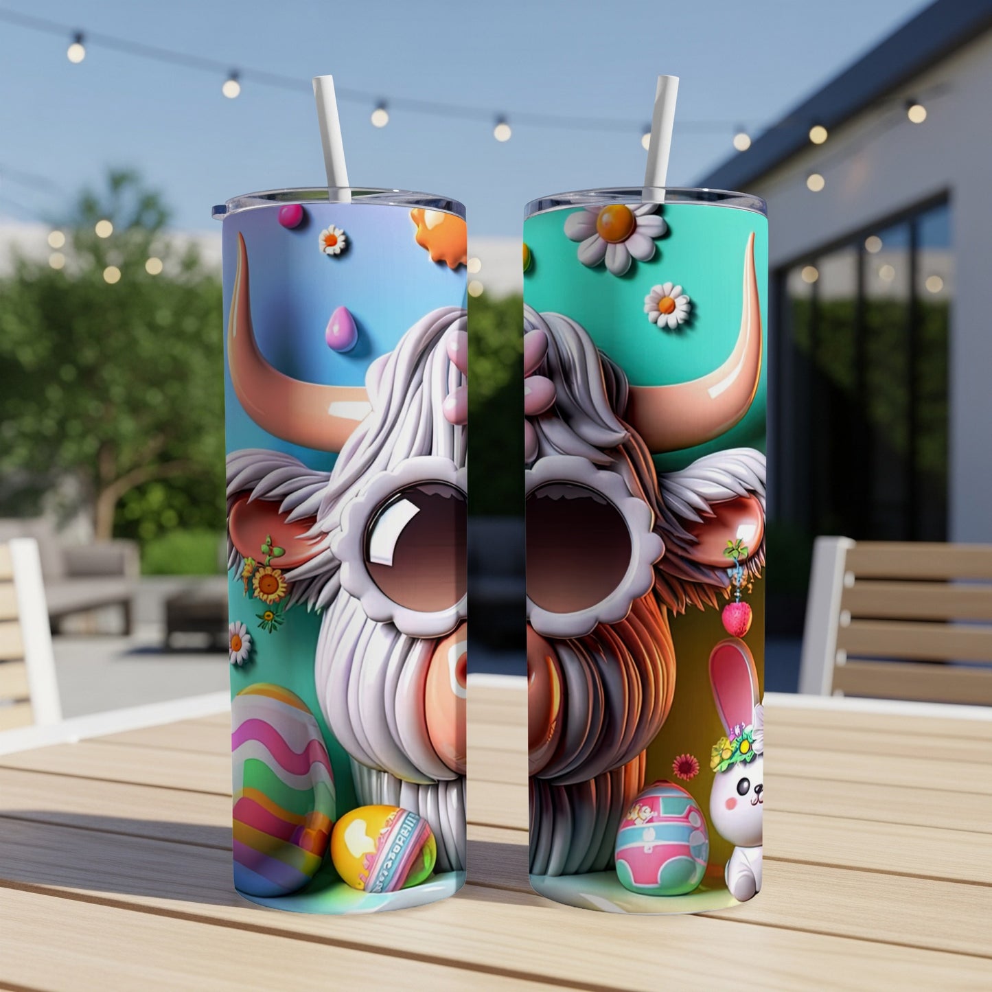 Highland cow with Easter eggs and flowers on a tumbler.