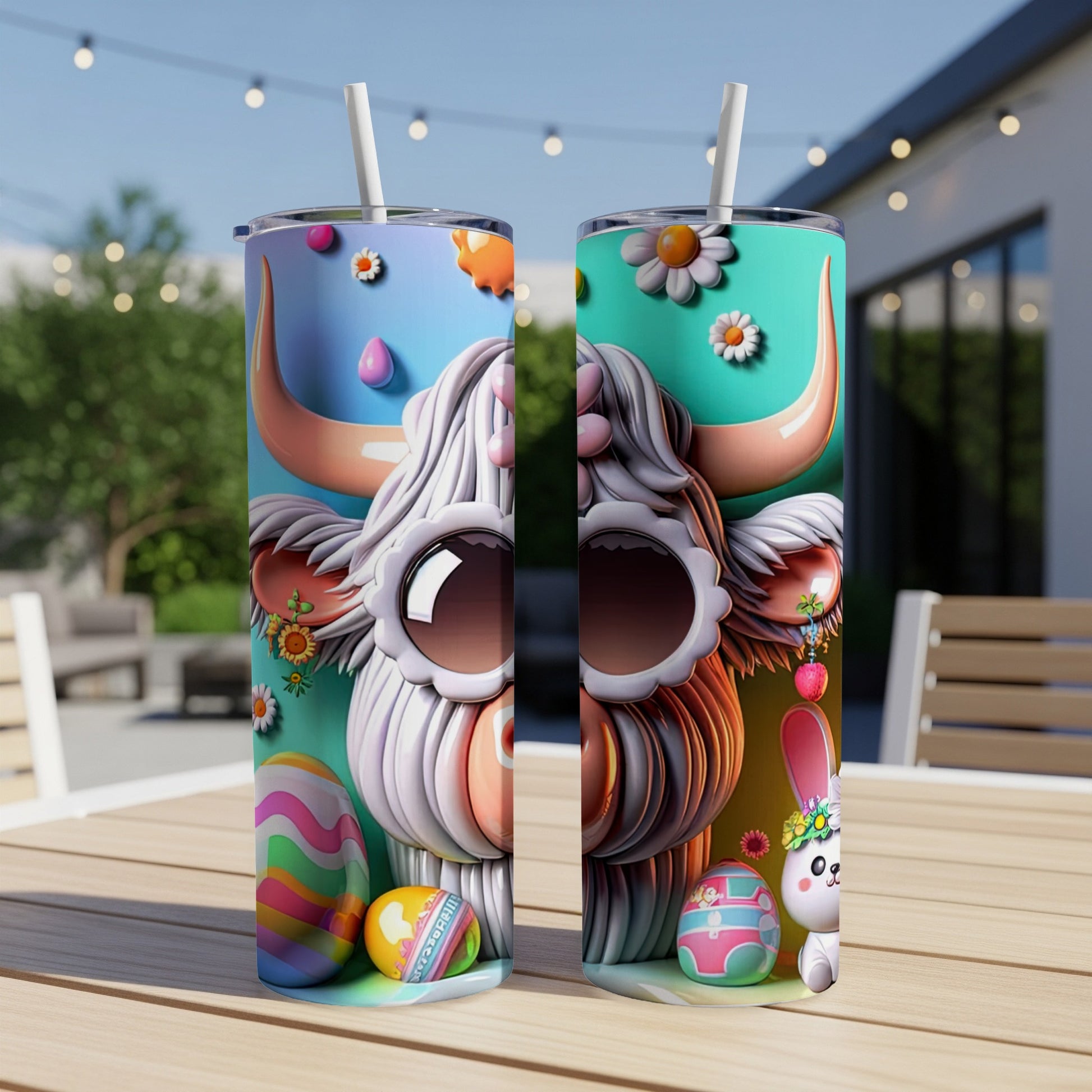 Highland cow with Easter eggs and flowers on a tumbler.