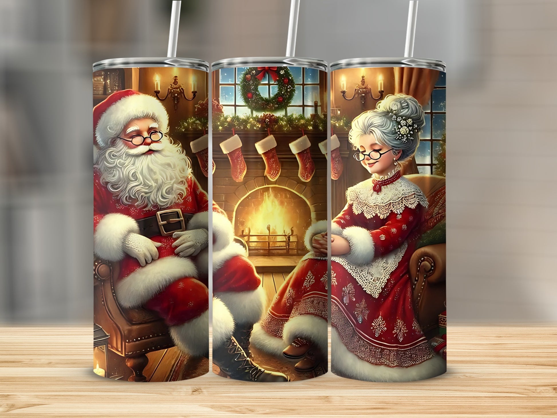 Santa and Mrs. Claus by the Fireplace Christmas tumbler