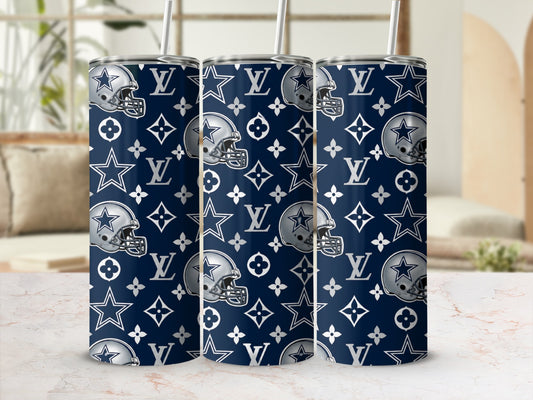 Three tumblers with a Dallas Cowboys helmet and LV pattern design.
