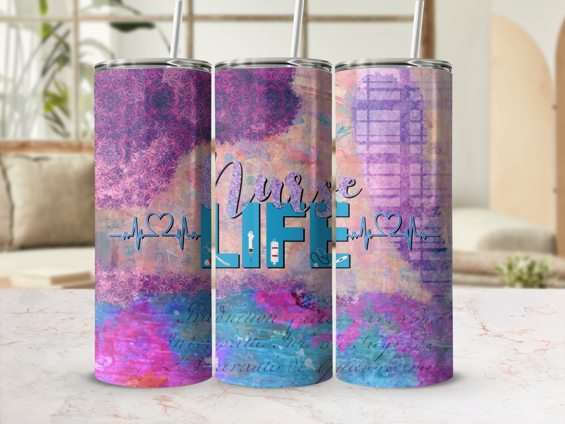 Nurse Life tumbler with purple, blue, and pink abstract design and heartbeat graphic.
