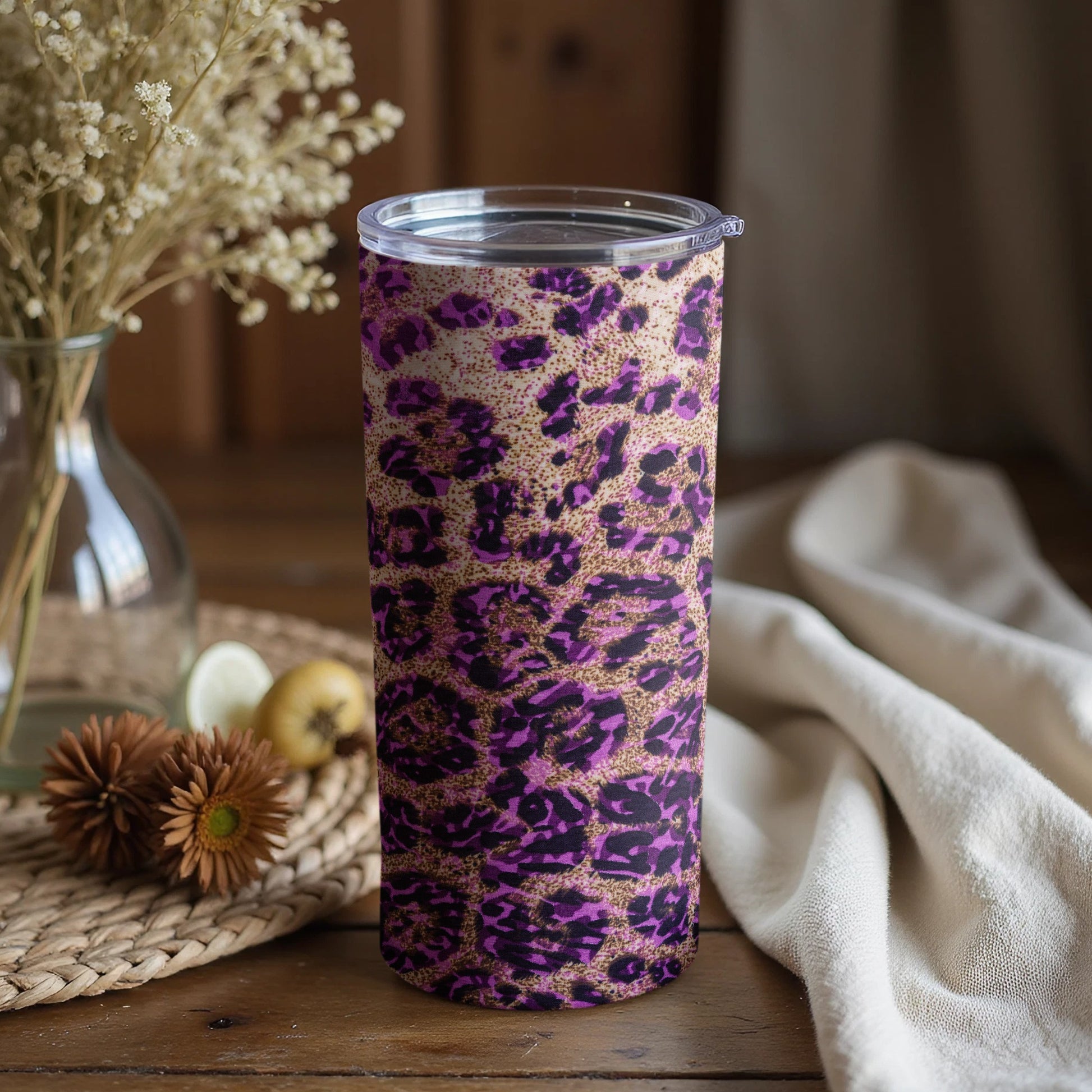 Purple and Gold Leopard Print Travel Tumbler